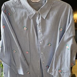 Allison Daley Blue & White Striped Button-Down with Pink Floral Embroidery
